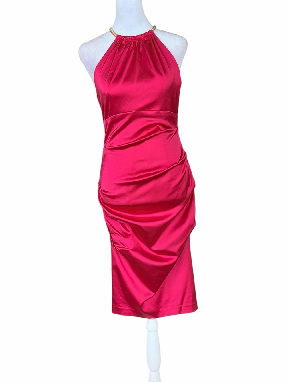 Cache Y2K Hot Pink Satin Halter Midi Dress with Gold Rope Neck